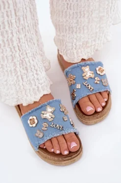 Boto Klapki Na Platformie|Klapki Damskie Klasyczne*Klapki Damskie Ze Złotymi Przypinkami Na Platformie Niebieskie Rigasta