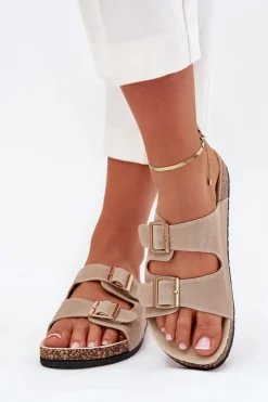 Damskie Boto Klapki Damskie Ze Złotymi Klamrami I Przeszyciami Beżowe Lunera