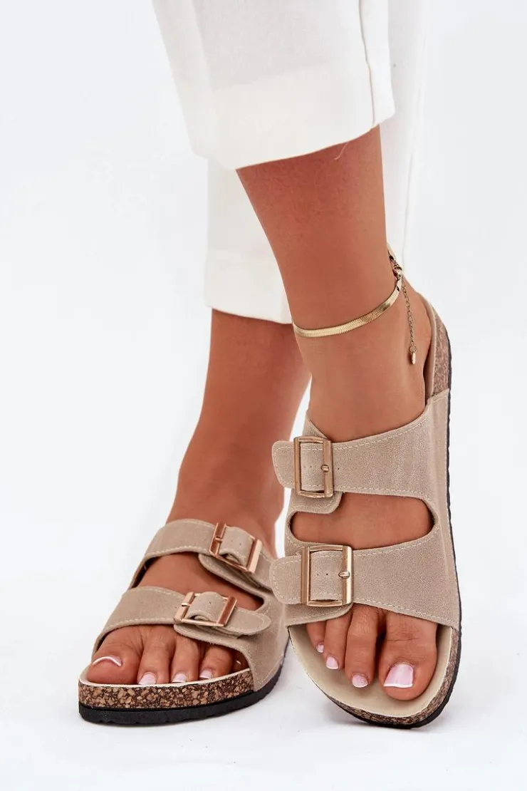 Damskie Boto Klapki Damskie Ze Złotymi Klamrami I Przeszyciami Beżowe Lunera