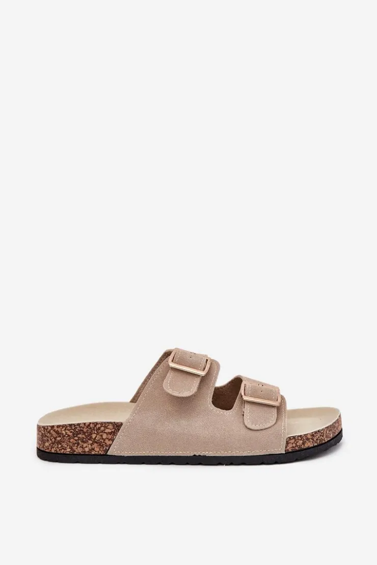 Damskie Boto Klapki Damskie Ze Złotymi Klamrami I Przeszyciami Beżowe Lunera