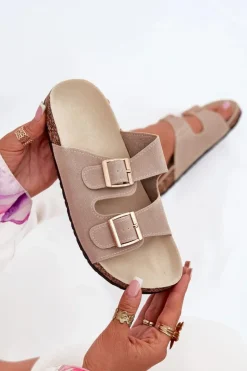 Damskie Boto Klapki Damskie Ze Złotymi Klamrami I Przeszyciami Beżowe Lunera