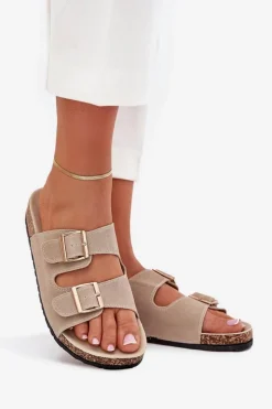 Damskie Boto Klapki Damskie Ze Złotymi Klamrami I Przeszyciami Beżowe Lunera