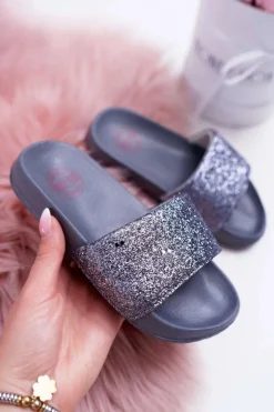 Sale Big Star Shoes Klapki Dziecięce Młodzieżowe Big Star Szare Brokatowe AA374087