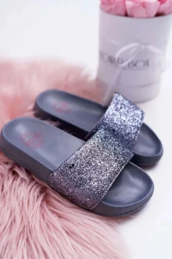 Sale Big Star Shoes Klapki Dziecięce Młodzieżowe Big Star Szare Brokatowe AA374087