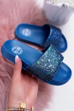 Damskie Big Star Shoes Klapki Dziecięce Młodzieżowe Big Star Granatowe Brokatowe AA374089