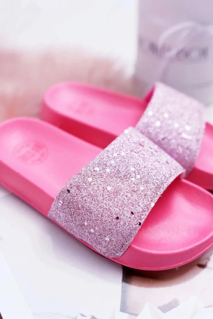 Big Star Shoes Dziewczęce|Klapki Damskie Klasyczne*Klapki Dziecięce Młodzieżowe Big Star Różowe Brokatowe AA374088