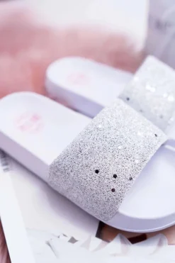 Damskie Big Star Shoes Klapki Dziecięce Młodzieżowe Big Star Białe Brokatowe AA374086