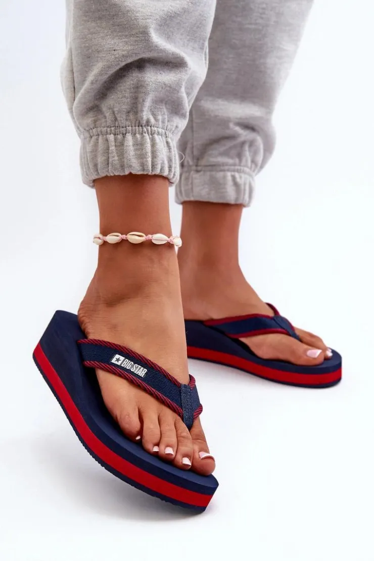 Damskie Big Star Shoes Klapki Japonki Damskie Na Koturnie Big Star NN274A725 Granatowe