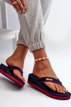 Damskie Big Star Shoes Klapki Japonki Damskie Na Koturnie Big Star NN274A725 Granatowe