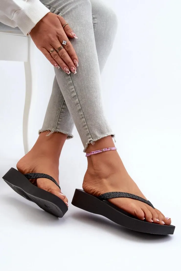 Ipanema Klapki Damskie Japonki*Klapki Japonki Damskie Z Brokatowym Paskiem 83386 Mesh Chic Plat Fem Czarne