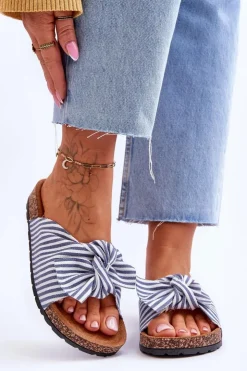 Discount Boto Klapki Na Korkowej Platformie W Paski Biało-Niebieskie Festive