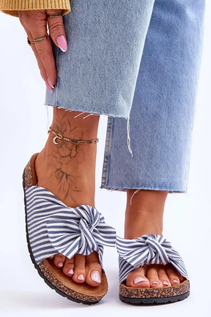 Discount Boto Klapki Na Korkowej Platformie W Paski Biało-Niebieskie Festive