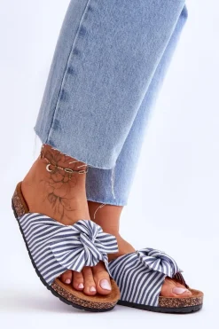 Discount Boto Klapki Na Korkowej Platformie W Paski Biało-Niebieskie Festive