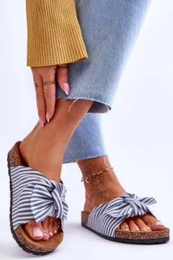 Discount Boto Klapki Na Korkowej Platformie W Paski Biało-Niebieskie Festive