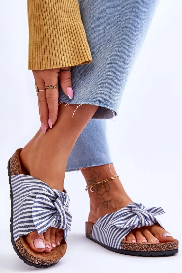 Discount Boto Klapki Na Korkowej Platformie W Paski Biało-Niebieskie Festive