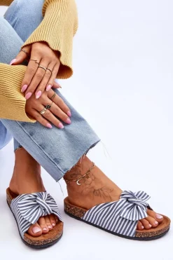 Discount Boto Klapki Na Korkowej Platformie W Paski Biało-Niebieskie Festive