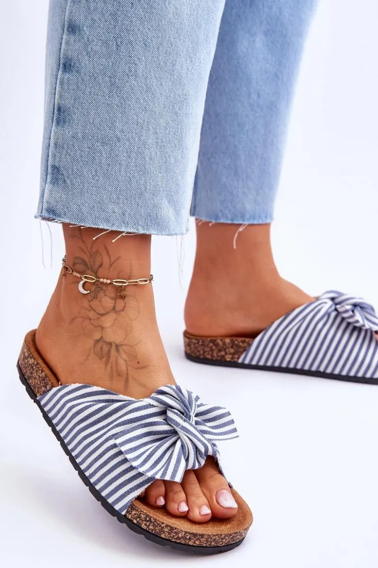 Discount Boto Klapki Na Korkowej Platformie W Paski Biało-Niebieskie Festive