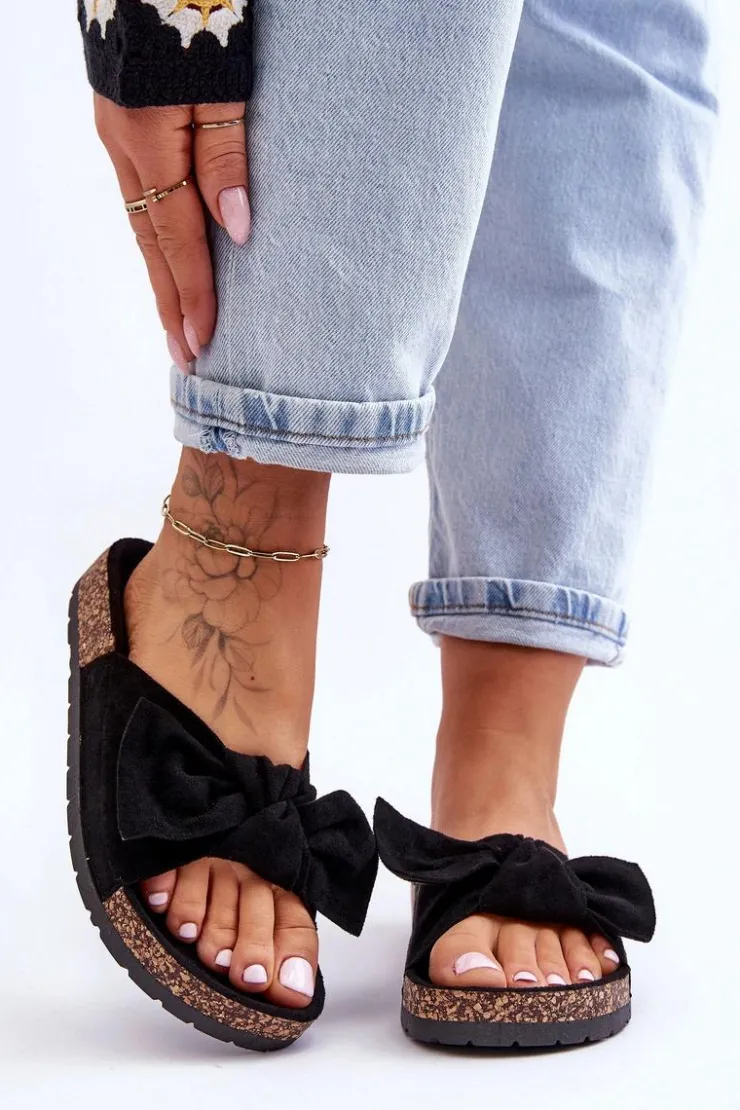 Damskie Boto Klapki Na Korkowej Podeszwie Czarne Wendy