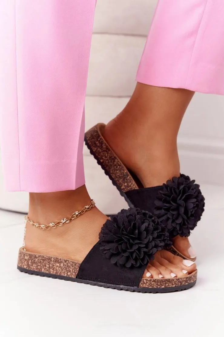 Evento Klapki Korkowe|Klapki Damskie Klasyczne*Klapki Na Korkowej Podeszwie Czarne Flowerbomb Czarny