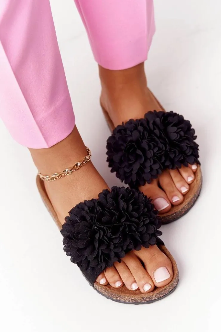 Evento Klapki Korkowe|Klapki Damskie Klasyczne*Klapki Na Korkowej Podeszwie Czarne Flowerbomb Czarny