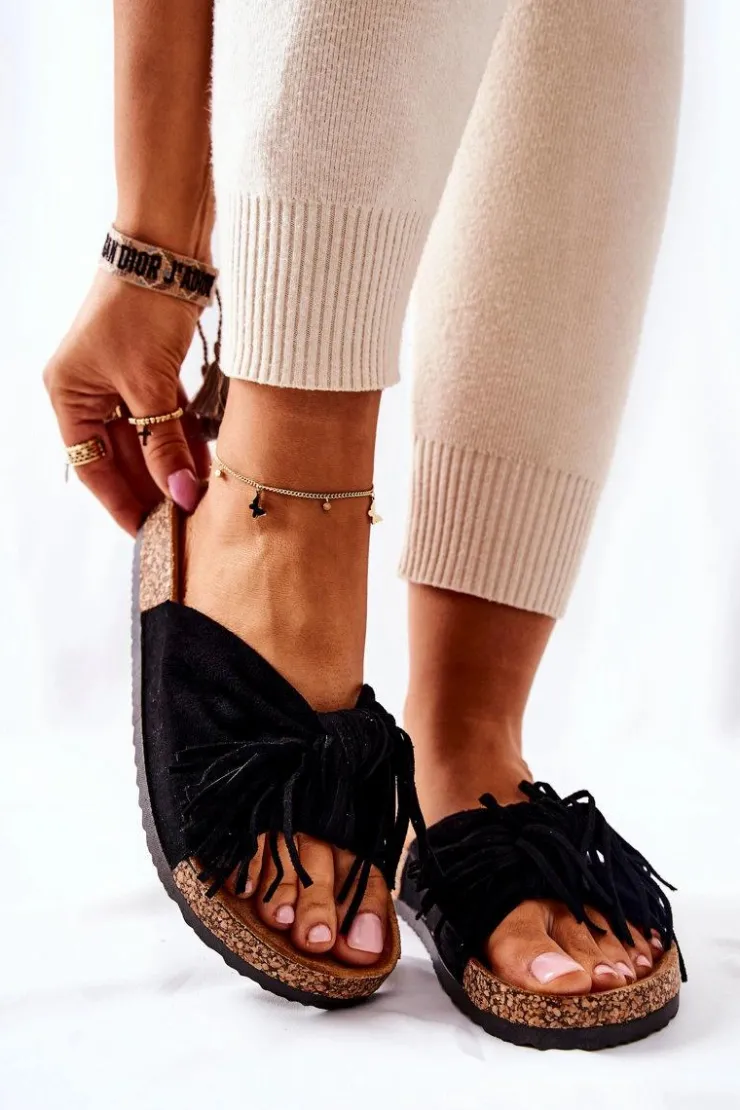 Damskie Boto Klapki Na Korkowej Podeszwie Czarne Taryne