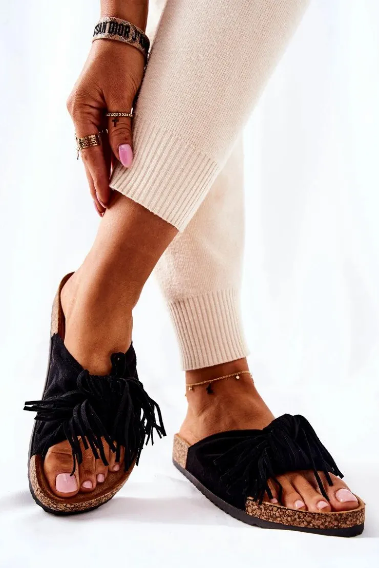 Damskie Boto Klapki Na Korkowej Podeszwie Czarne Taryne