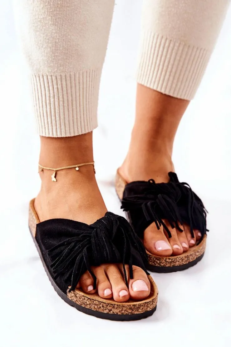 Damskie Boto Klapki Na Korkowej Podeszwie Czarne Taryne