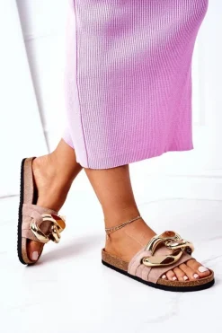 Damskie buty S.Barski Klapki Na Korku Z Łańcuchem S.Barski SB001 Beżowe