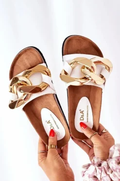 Damskie Damskie buty S.Barski Klapki Na Korku Z Łańcuchem S.Barski SB002 Białe