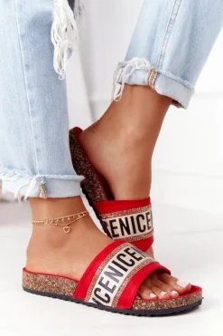 Damskie Evento Klapki Na Korku Z Cyrkoniami Czerwone Be Nice