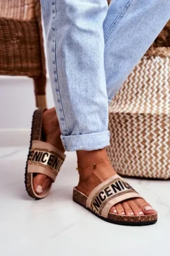 Damskie Evento Klapki Na Korku Z Cyrkoniami Beżowe Be Nice