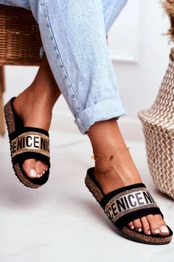 Evento Klapki Korkowe|Klapki Damskie Klasyczne*Klapki Na Korku Z Cyrkoniami Czarno-Złote Be Nice