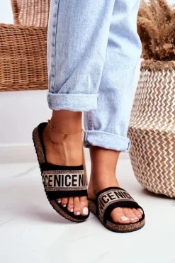 Evento Klapki Korkowe|Klapki Damskie Klasyczne*Klapki Na Korku Z Cyrkoniami Czarno-Złote Be Nice