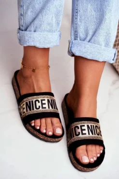 Evento Klapki Korkowe|Klapki Damskie Klasyczne*Klapki Na Korku Z Cyrkoniami Czarno-Złote Be Nice