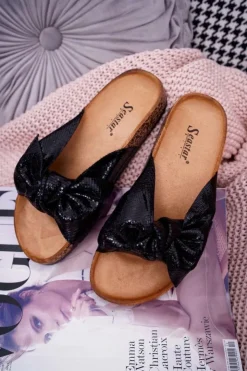 Boto Klapki Korkowe|Klapki Damskie Klasyczne*Klapki Na Korku z Kokardą Czarne Metalics