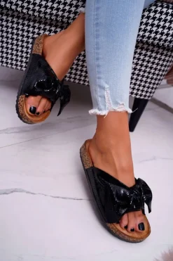 Boto Klapki Korkowe|Klapki Damskie Klasyczne*Klapki Na Korku z Kokardą Czarne Metalics