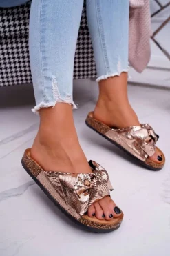 Boto Klapki Korkowe|Klapki Damskie Klasyczne*Klapki Na Korku z Kokardą Różowe Złoto Metalics