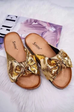 Damskie Boto Klapki Na Korku z Kokardą Złote Metalics