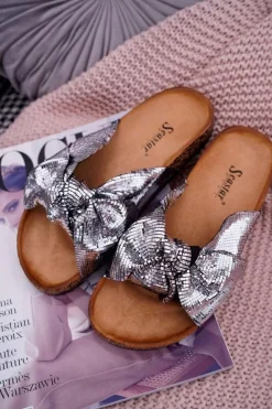 Clearance Boto Klapki Na Korku z Kokardą Srebrne Metalics