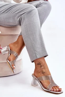 Damskie buty S.Barski Klapki Na Obcasie|Klapki Damskie Klasyczne*Klapki Na Obcasie Z Dżetami Srebrne Jaxen