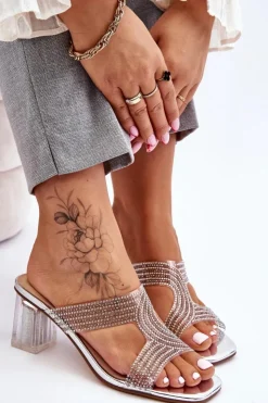 Damskie buty S.Barski Klapki Na Obcasie|Klapki Damskie Klasyczne*Klapki Na Obcasie Z Dżetami Srebrne Jaxen