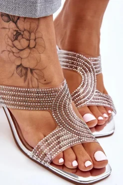 Damskie buty S.Barski Klapki Na Obcasie|Klapki Damskie Klasyczne*Klapki Na Obcasie Z Dżetami Srebrne Jaxen