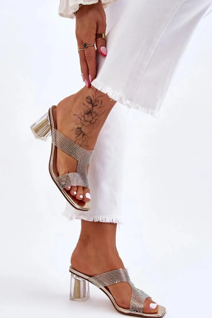 Best Damskie buty S.Barski Klapki Na Obcasie Z Dżetami Złote Jaxen