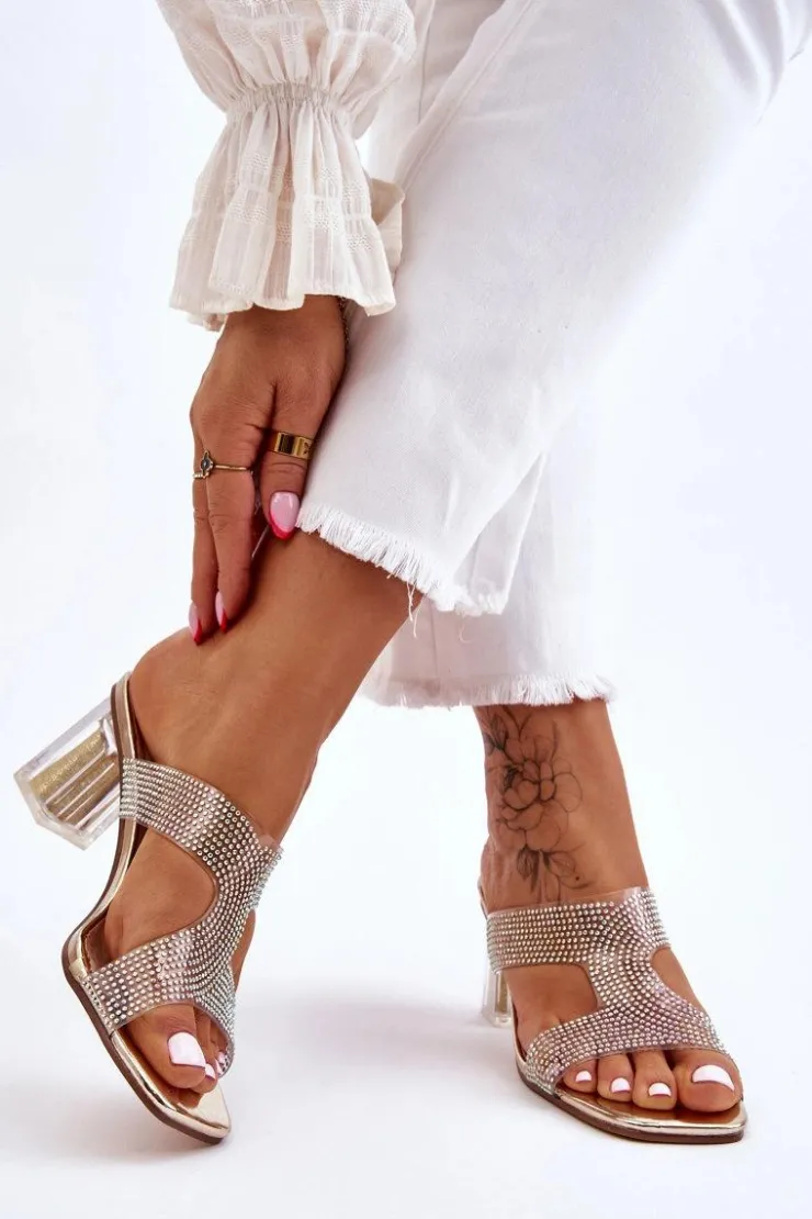 Best Damskie buty S.Barski Klapki Na Obcasie Z Dżetami Złote Jaxen