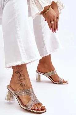Best Damskie buty S.Barski Klapki Na Obcasie Z Dżetami Złote Jaxen