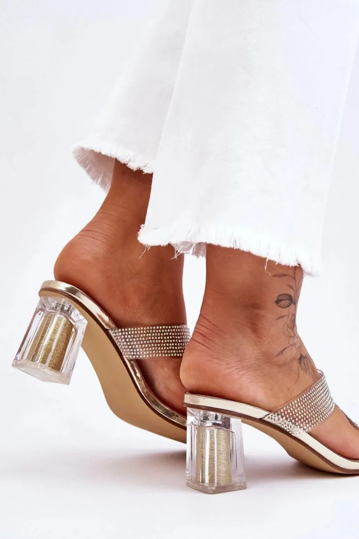 Best Damskie buty S.Barski Klapki Na Obcasie Z Dżetami Złote Jaxen