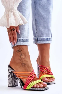 New Boto Klapki Na Obcasie Z Paseczkami Wężowe Neonowe Beckie