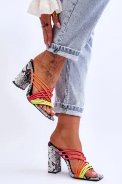 New Boto Klapki Na Obcasie Z Paseczkami Wężowe Neonowe Beckie