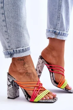 New Boto Klapki Na Obcasie Z Paseczkami Wężowe Neonowe Beckie