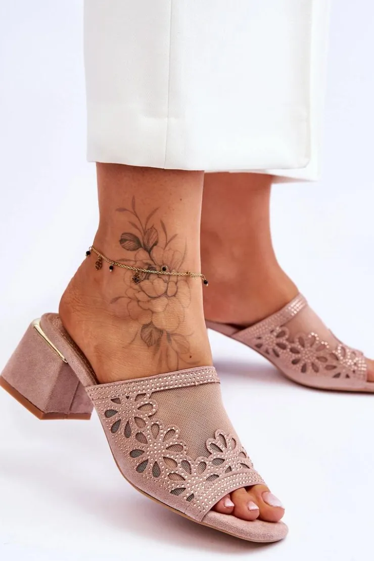 Outlet Damskie buty S.Barski Klapki Na Obcasie Z Siateczką S.Barski KV-612-1 Nude Różowy